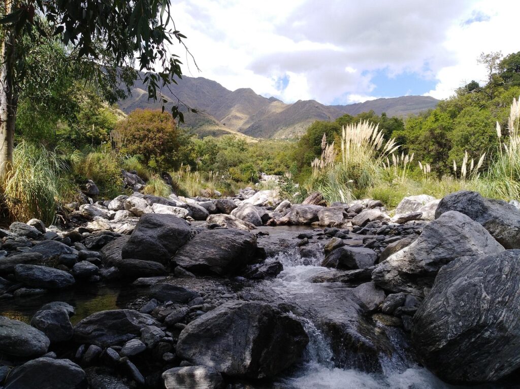 imagen de un paquete a merlo san luis de arrollo con piedras en descampado verde con arboles y montañas de los costados